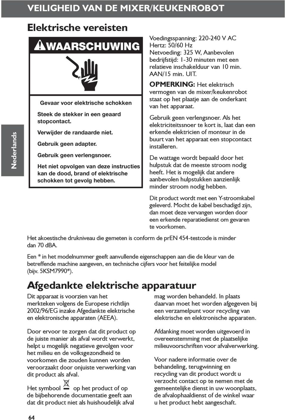 Dit apparaat is voorzien van het merkteken volgens de Europese richtlijn 2002/96/EG inzake Afgedankte elektrische en elektronische apparaten (AEEA).