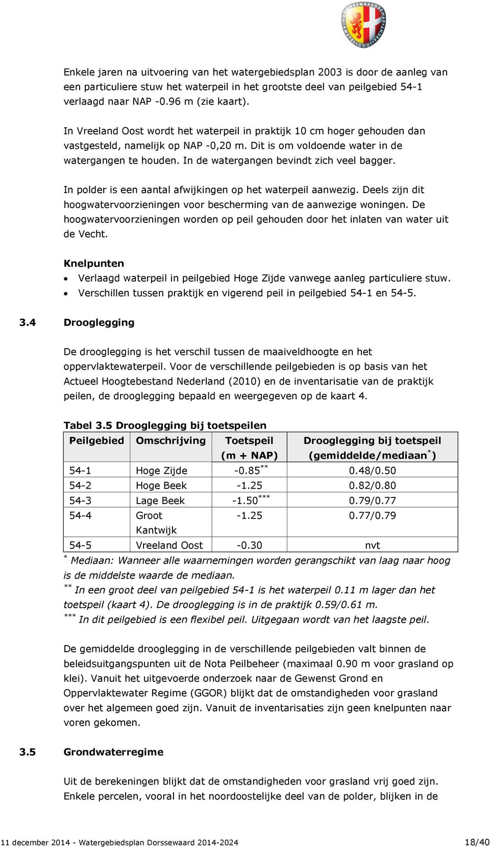 In de watergangen bevindt zich veel bagger. In polder is een aantal afwijkingen op het waterpeil aanwezig. Deels zijn dit hoogwatervoorzieningen voor bescherming van de aanwezige woningen.