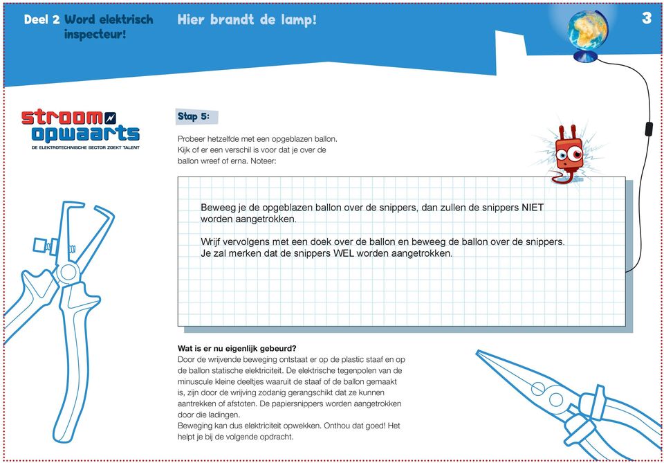 Je zal merken dat de snippers WEL worden aangetrokken. Wat is er nu eigenlijk gebeurd? Door de wrijvende beweging ontstaat er op de plastic staaf en op de ballon statische elektriciteit.