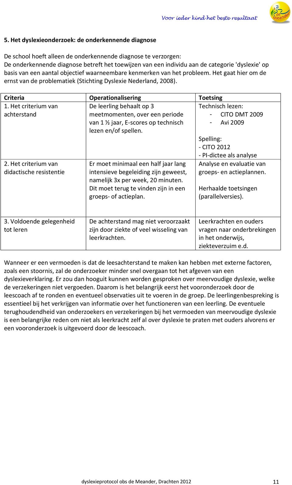 Criteria Operationalisering Toetsing 1. Het criterium van achterstand 2.