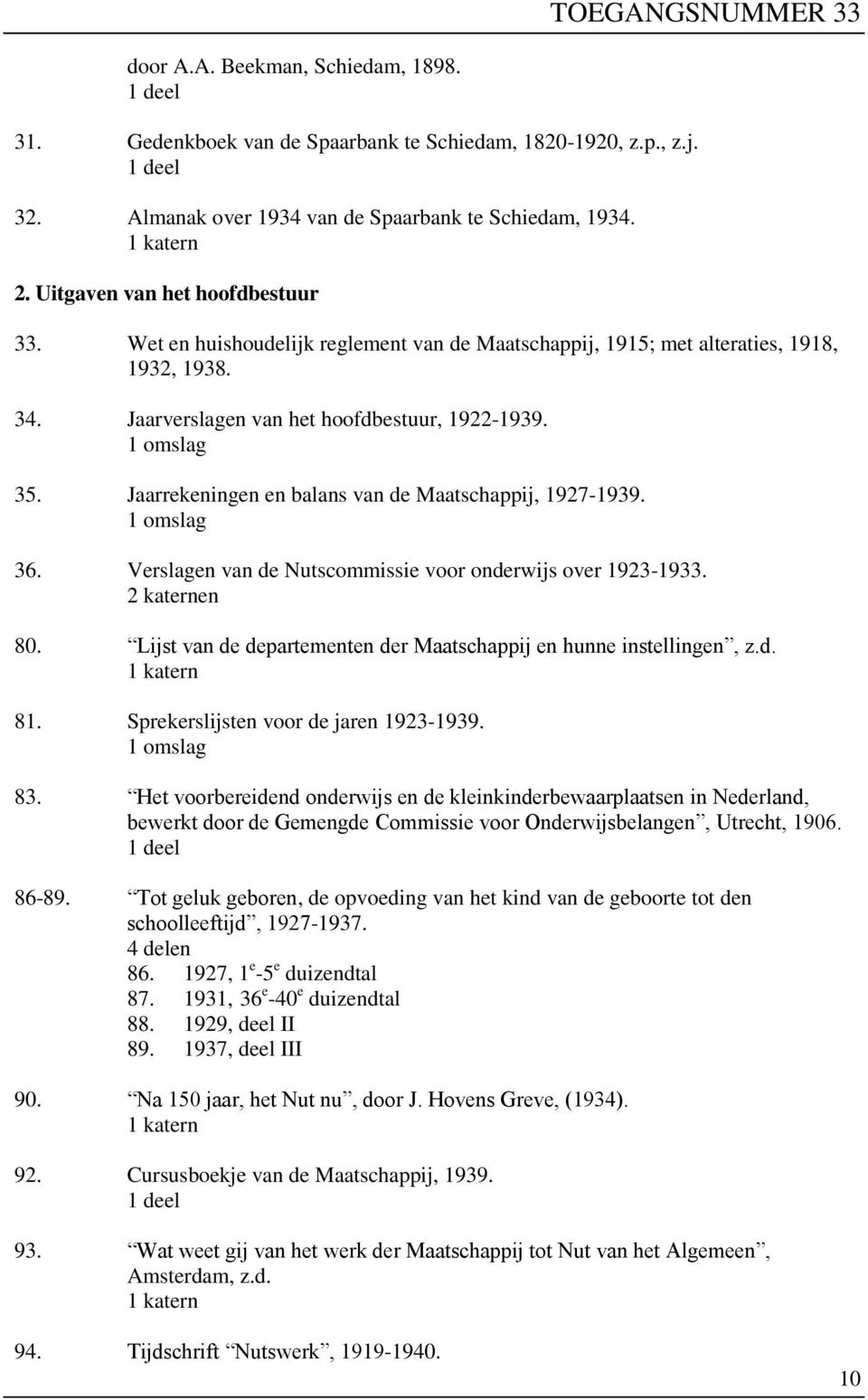 Jaarrekeningen en balans van de Maatschappij, 1927-1939. 36. Verslagen van de Nutscommissie voor onderwijs over 1923-1933. 2 katernen 80.