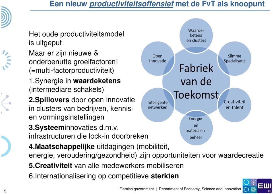 Spillovers door open innovatie in clusters van bedrijven, kennisen vormingsinstellingen 3.Systeeminnovaties d.m.v. infrastructuren die lock-in doorbreken 4.