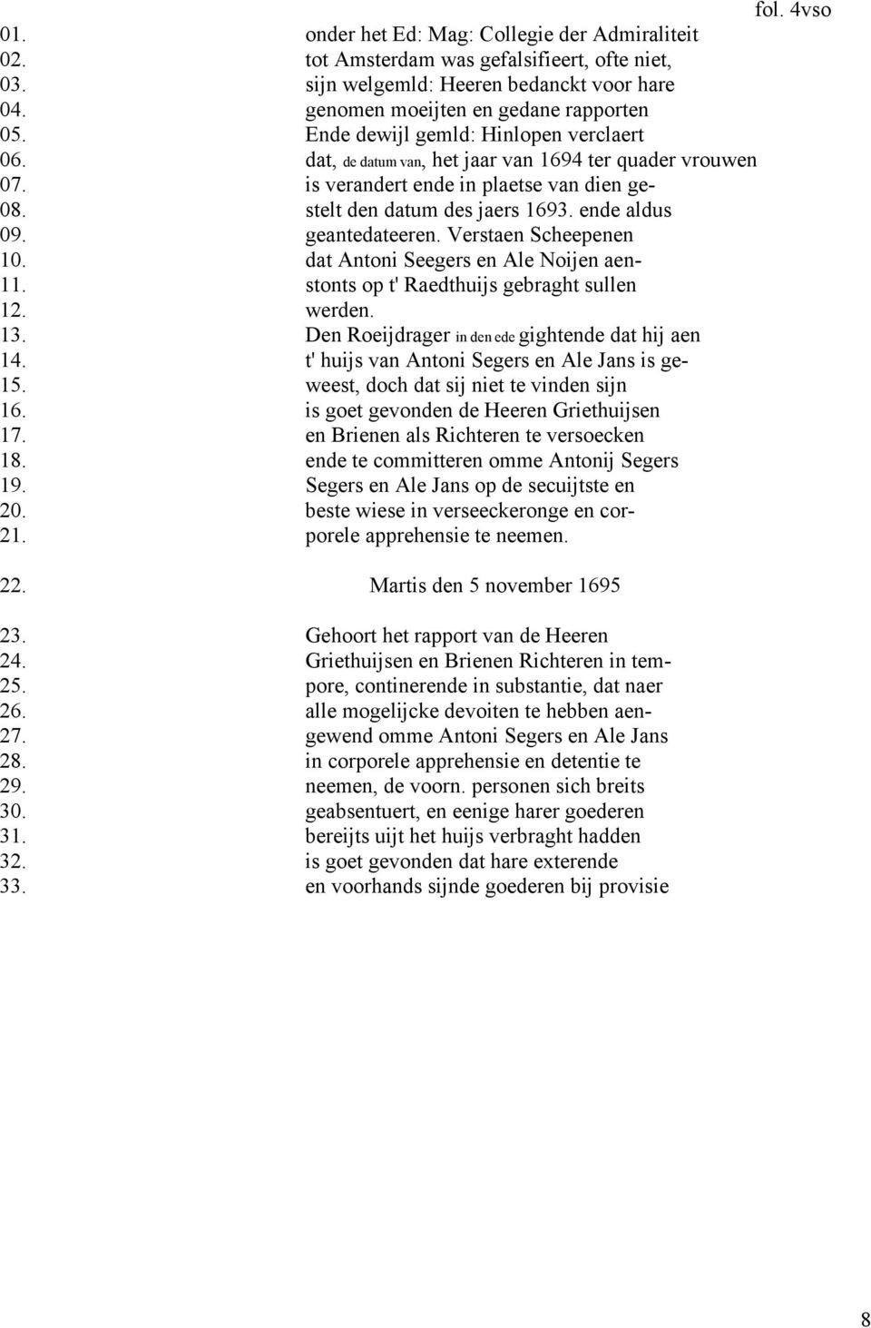 geantedateeren. Verstaen Scheepenen 10. dat Antoni Seegers en Ale Noijen aen- 11. stonts op t' Raedthuijs gebraght sullen 12. werden. 13. Den Roeijdrager in den ede gightende dat hij aen 14.