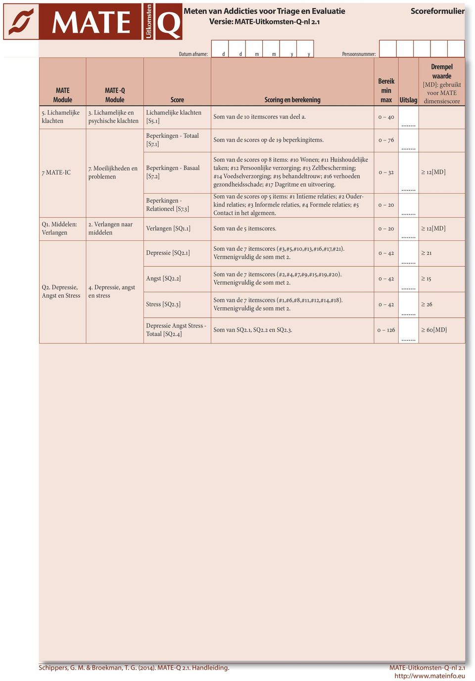 Lichamelijke klachten 3. Lichamelijke en psychische klachten Lichamelijke klachten [S5.1] Som van de 10 itemscores van deel a. 0 40 Beperkingen - Totaal [S.