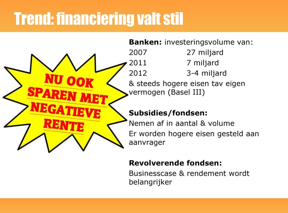 III) Subsidies/fondsen: Nemen af in aantal & volume Er worden hogere eisen