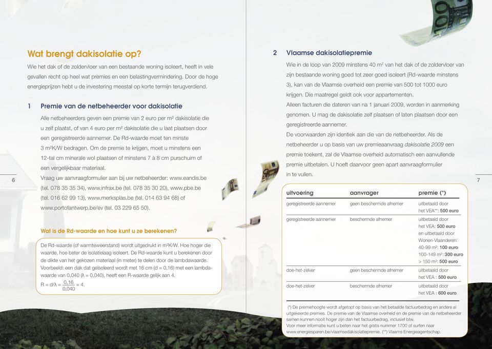 Wie in de loop van 2009 minstens 40 m 2 van het dak of de zoldervloer van zijn bestaande woning goed tot zeer goed isoleert (Rd-waarde minstens 3), kan van de Vlaamse overheid een premie van 500 tot