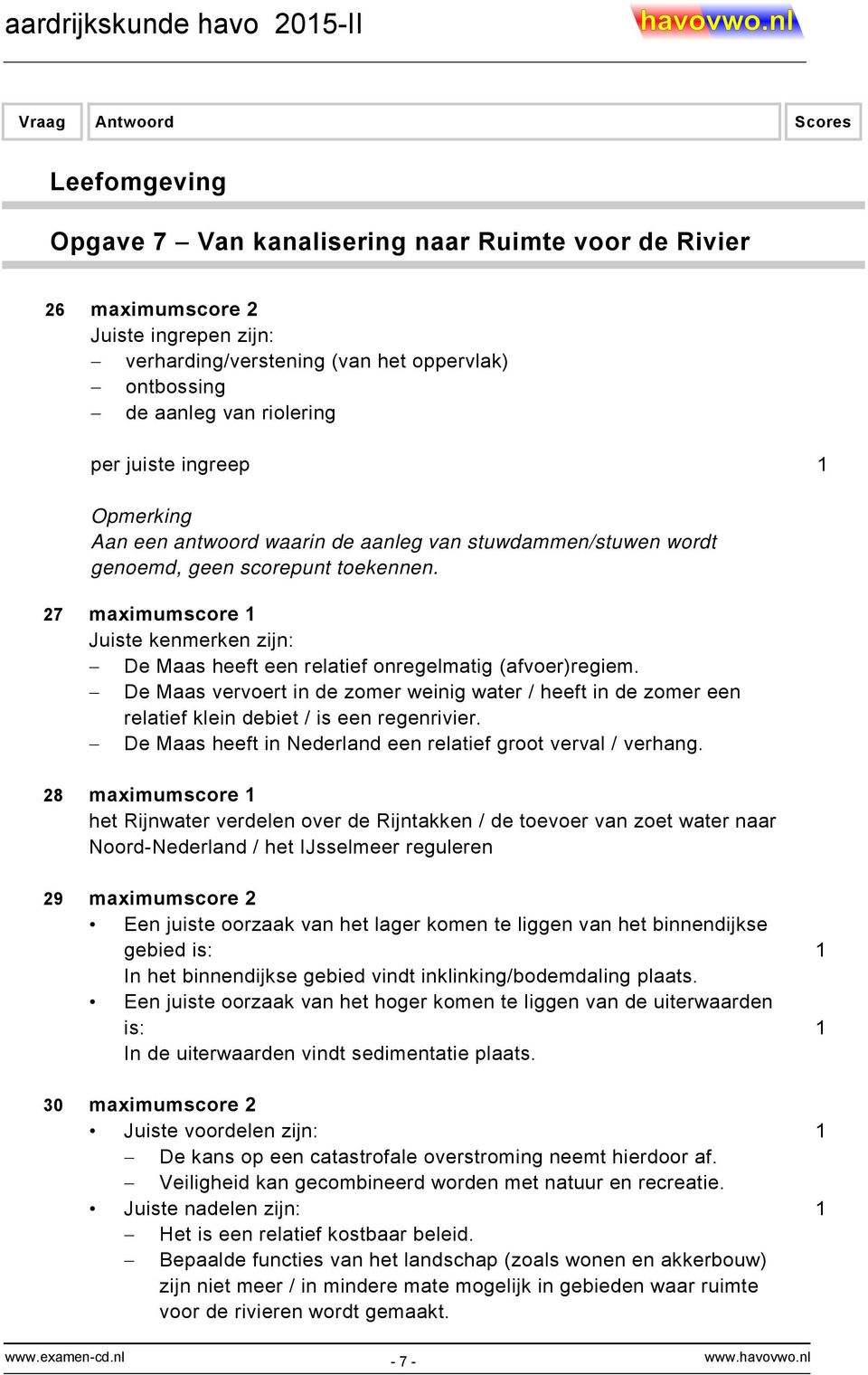 27 maximumscore 1 Juiste kenmerken zijn: De Maas heeft een relatief onregelmatig (afvoer)regiem.