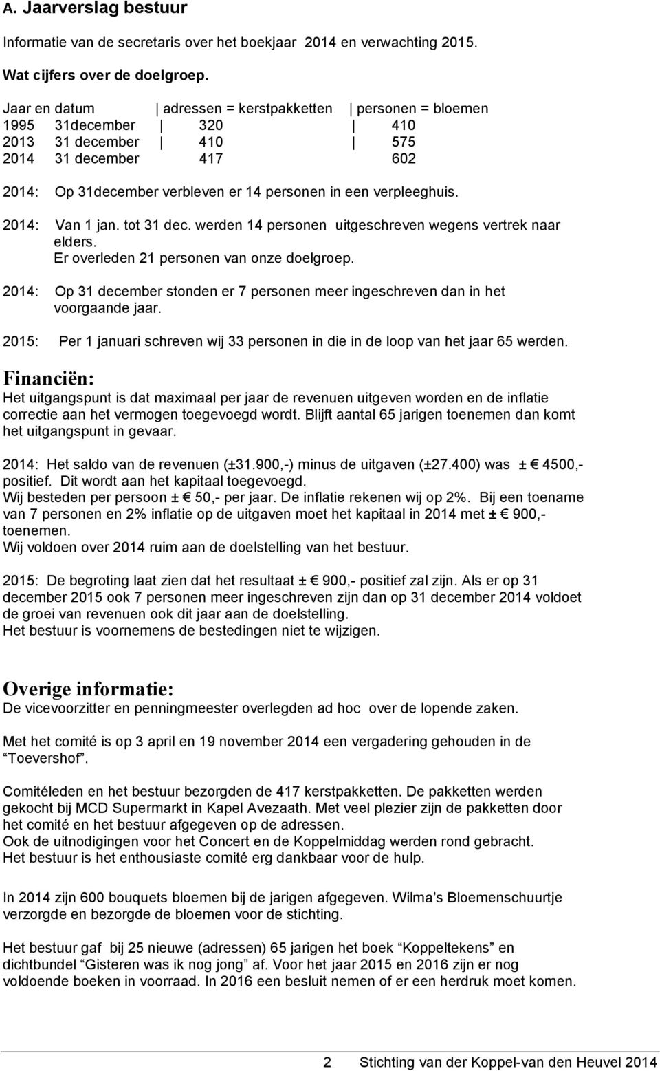 2014: Van 1 jan. tot 31 dec. werden 14 personen uitgeschreven wegens vertrek naar elders. Er overleden 21 personen van onze doelgroep.