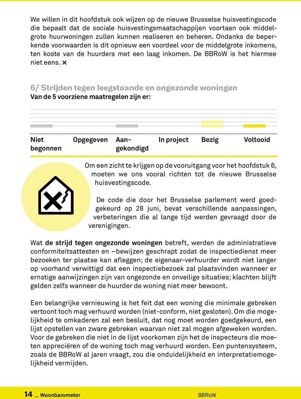 g 6/ Strijden tegen leegstaande en ongezonde woningen Van de 5 voorziene maatregelen zijn er: Niet begonnen Opgegeven Aangekondigd In project Bezig Voltooid Om een zicht te krijgen op de vooruitgang