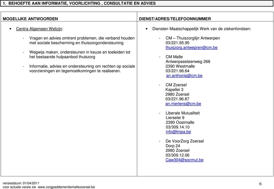 DIENST/ADRES/TELEFOONNUMMER Diensten Maatschappelijk Werk van de ziekenfondsen: - CM Thuiszorglijn Antwerpen 03/221.95.95 thuiszorg.antwepren@cm.