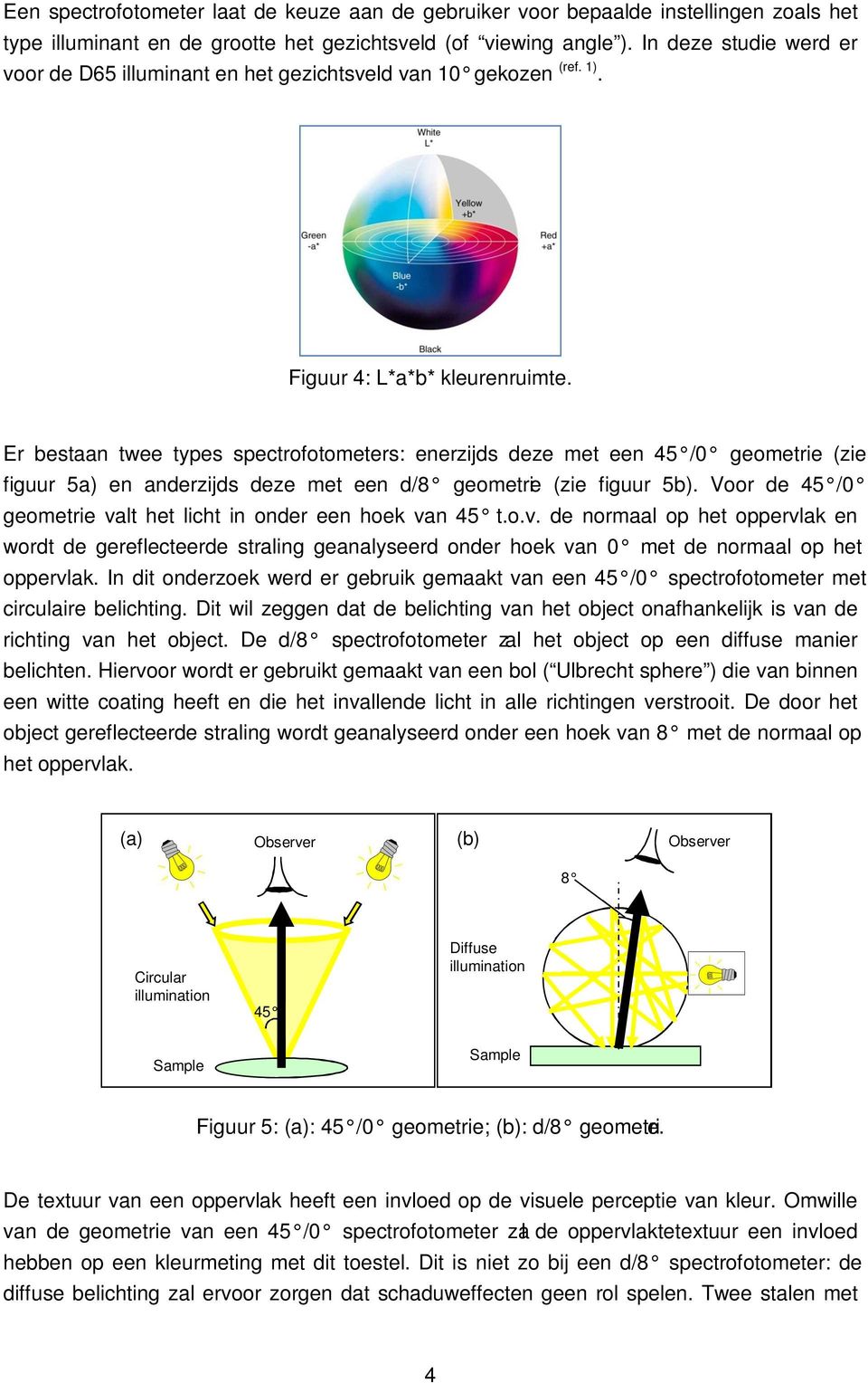 Er bestaan twee types spectrofotometers: enerzijds deze met een 45 /0 geometrie (zie figuur 5a) en anderzijds deze met een d/8 geometrie (zie figuur 5b).