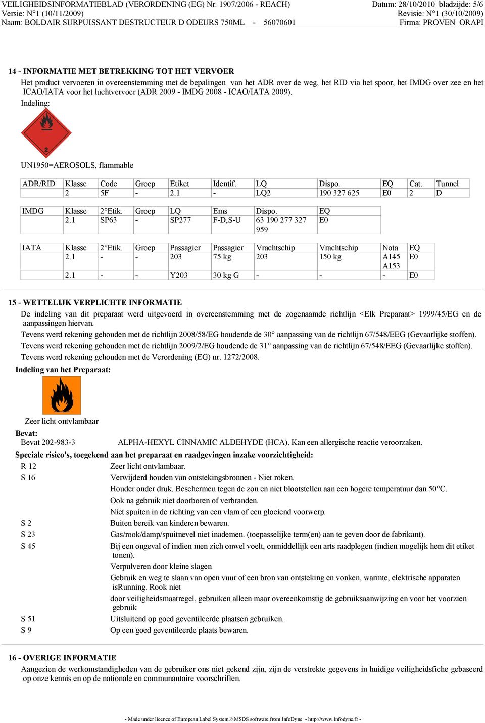 spoor, het IMDG over zee en het ICAO/IATA voor het luchtvervoer (ADR 2009 - IMDG 2008 - ICAO/IATA 2009). Indeling: UN1950=AEROSOLS, flammable ADR/RID Klasse Code Groep Etiket Identif. LQ Dispo.