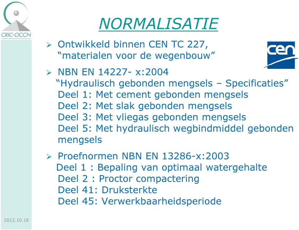 gebonden mengsels Deel 5: Met hydraulisch wegbindmiddel gebonden mengsels Proefnormen NBN EN 13286-x:2003 Deel 1 :