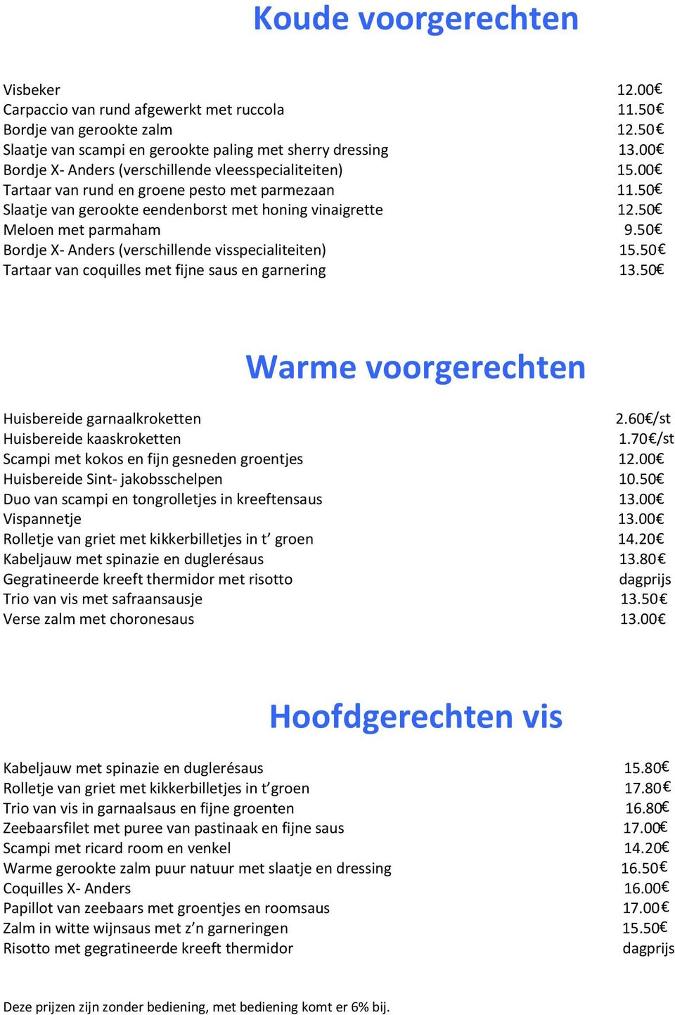 50 Bordje X- Anders (verschillende visspecialiteiten) 15.50 Tartaar van coquilles met fijne saus en garnering 13.50 Warme voorgerechten Huisbereide garnaalkroketten 2.