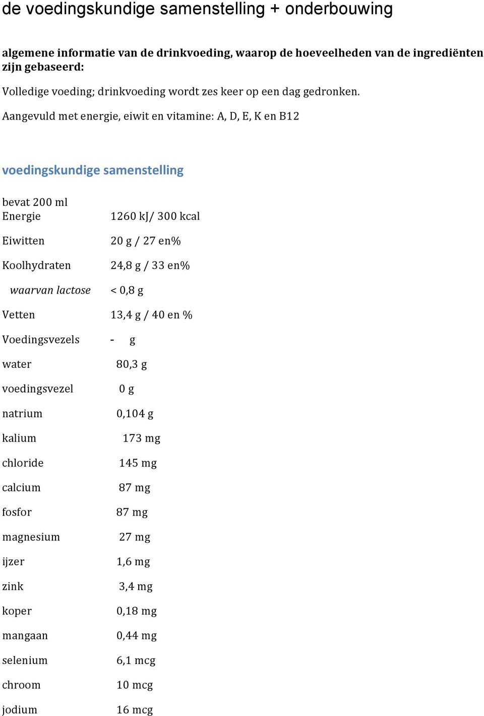 Aangevuld met energie, eiwit en vitamine: A, D, E, K en B12 voedingskundige samenstelling bevat 200 ml Energie Eiwitten Koolhydraten waarvan lactose Vetten 1260 kj/ 300