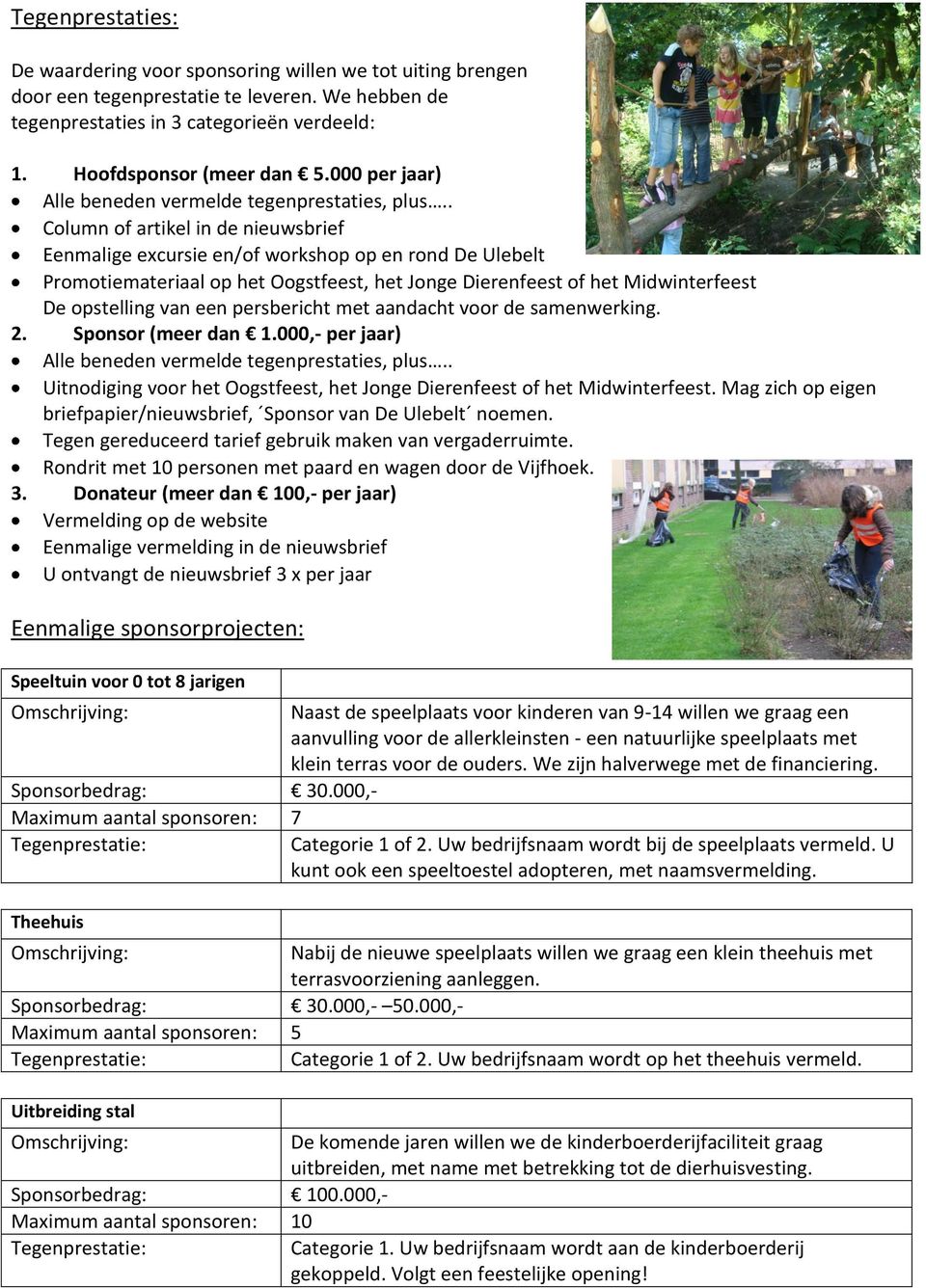 . Column of artikel in de nieuwsbrief Eenmalige excursie en/of workshop op en rond De Ulebelt Promotiemateriaal op het Oogstfeest, het Jonge Dierenfeest of het Midwinterfeest De opstelling van een