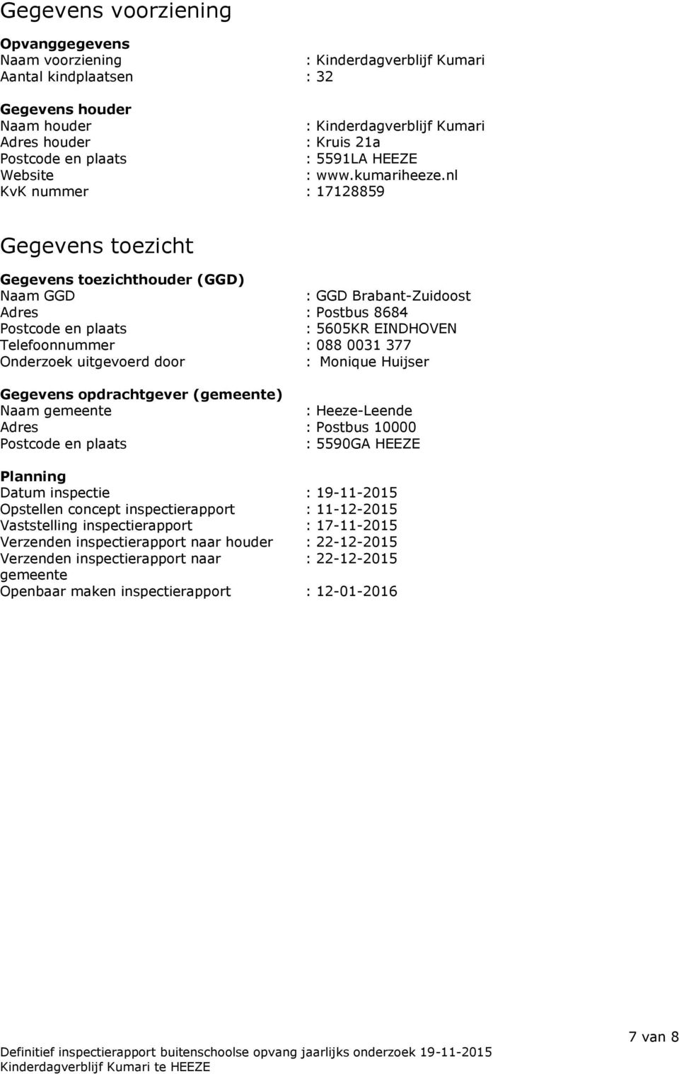 nl KvK nummer : 17128859 Gegevens toezicht Gegevens toezichthouder (GGD) Naam GGD : GGD Brabant-Zuidoost Adres : Postbus 8684 Postcode en plaats : 5605KR EINDHOVEN Telefoonnummer : 088 0031 377