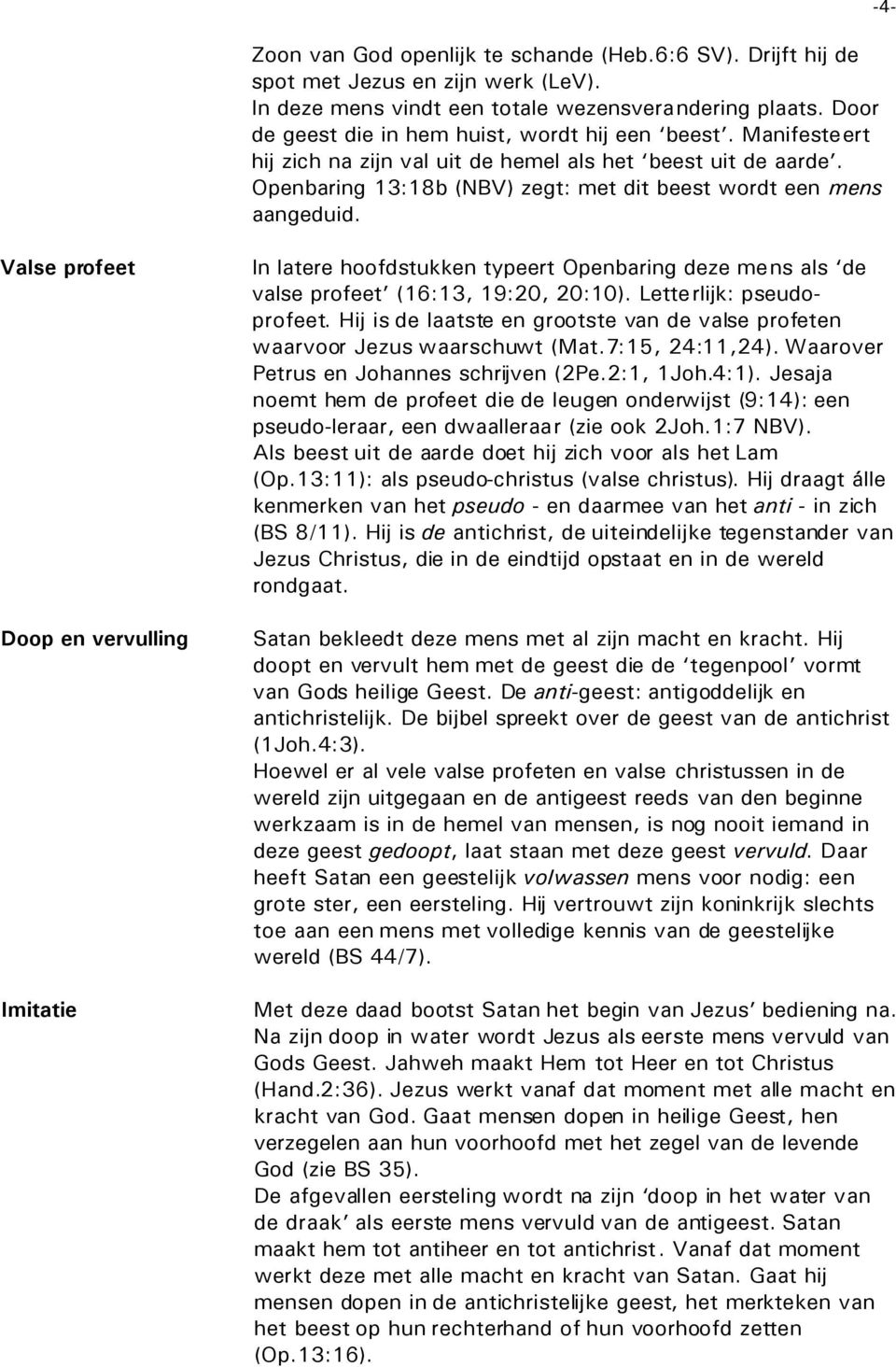 -4- Valse profeet Doop en vervulling Imitatie In latere hoofdstukken typeert Openbaring deze mens als de valse profeet (16:13, 19:20, 20:10). Letterlijk: pseudoprofeet.