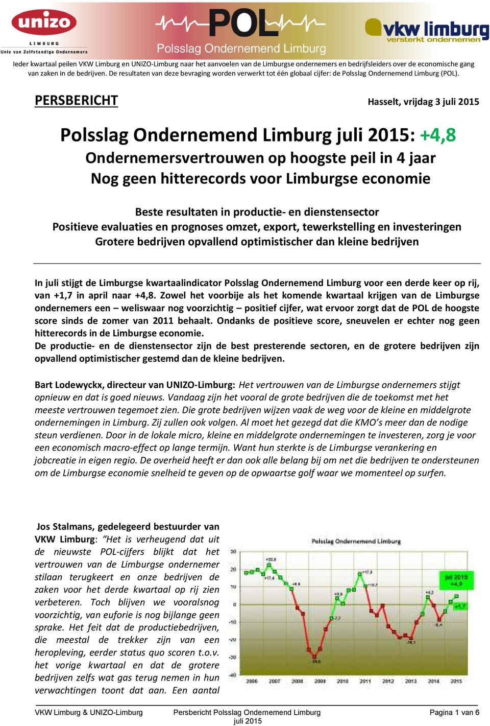 PERSBERICHT Hasselt, vrijdag 3 Polsslag Ondernemend Limburg : +4,8 Ondernemersvertrouwen op hoogste peil in 4 jaar Nog geen hitterecords voor Limburgse economie Beste resultaten in productie- en