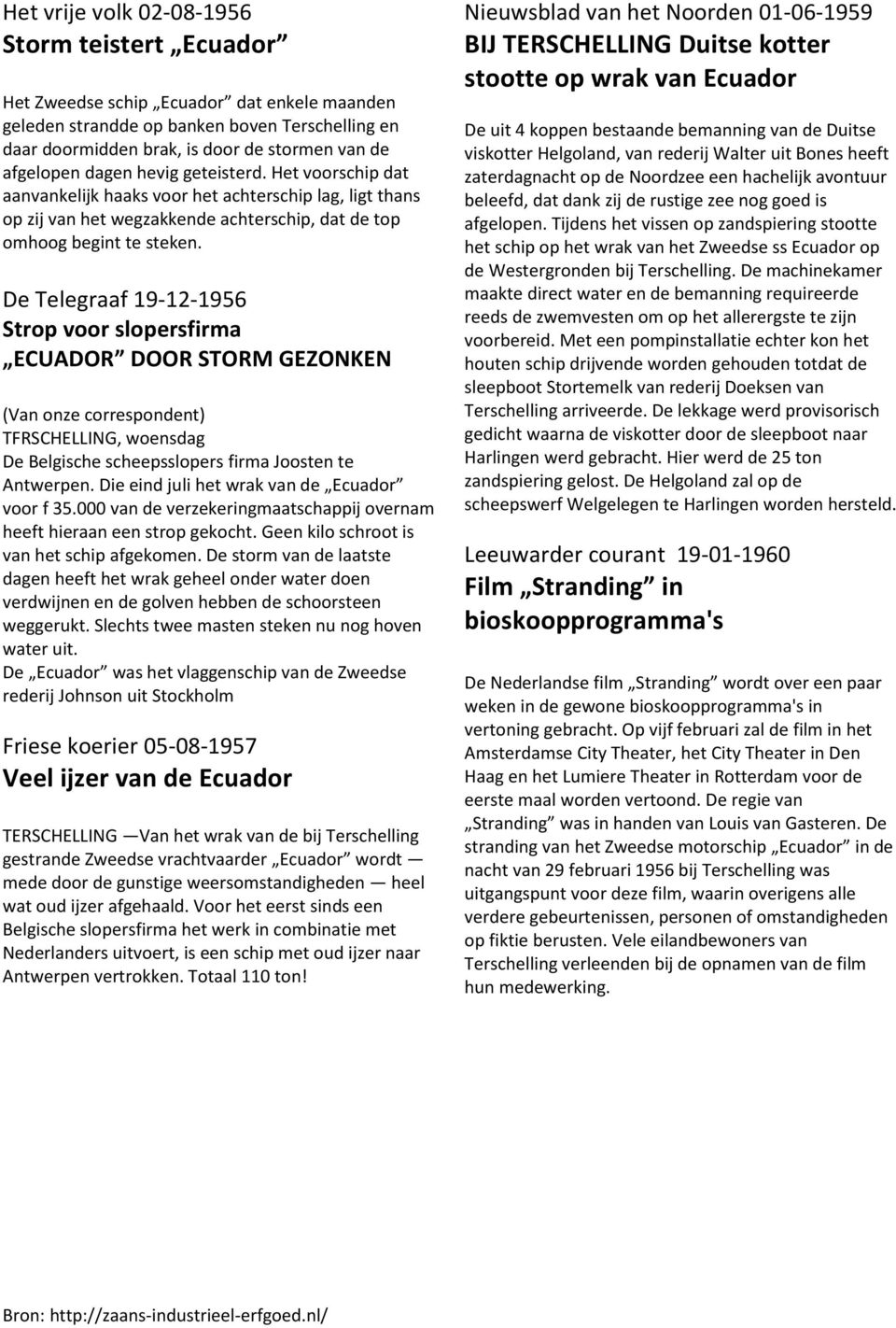 De Telegraaf 19-12-1956 Strop voor slopersfirma ECUADOR DOOR STORM GEZONKEN (Van onze correspondent) TFRSCHELLING, woensdag De Belgische scheepsslopers firma Joosten te Antwerpen.