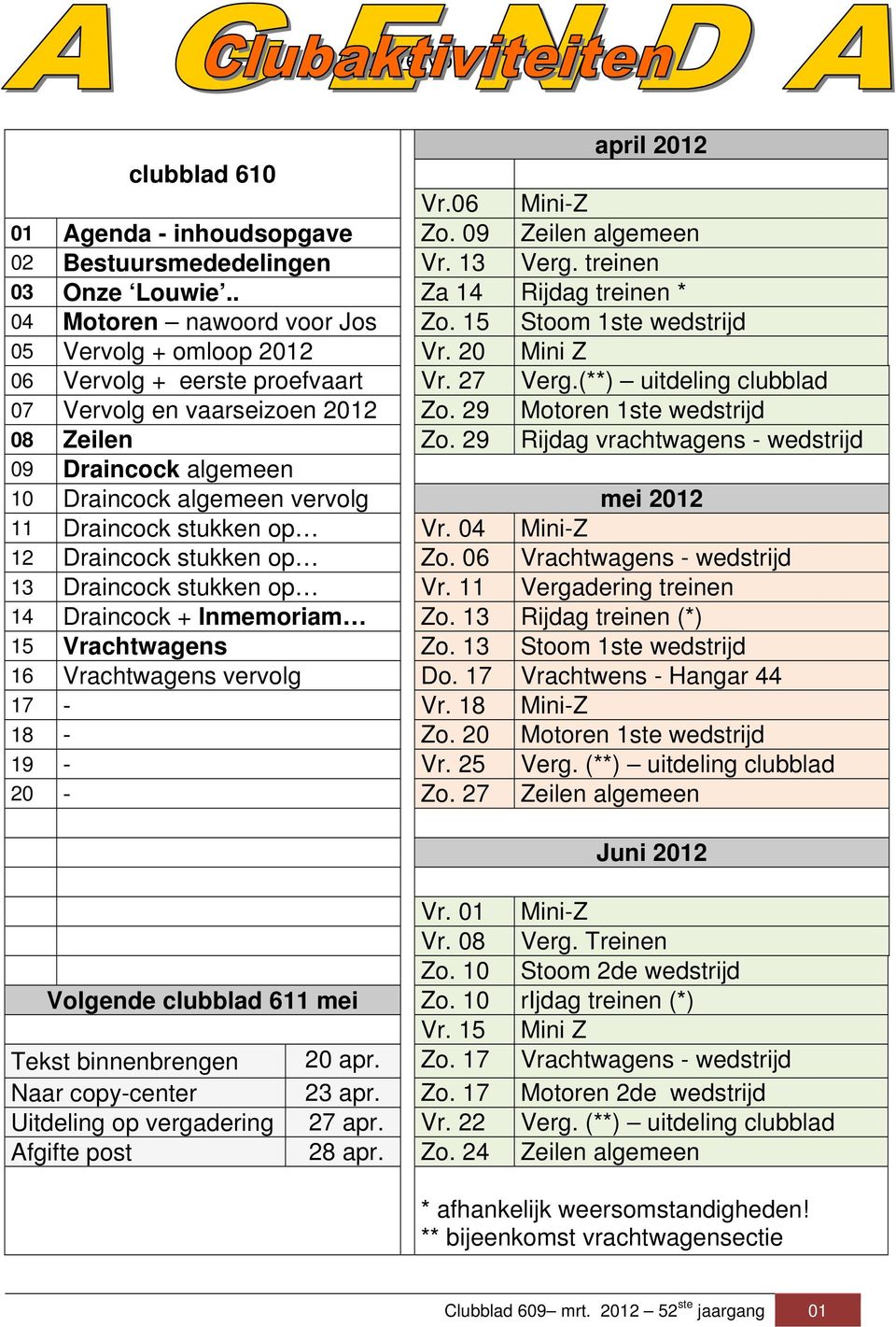 (**) uitdeling clubblad 07 Vervolg en vaarseizoen 2012 Zo. 29 Motoren 1ste wedstrijd 08 Zeilen Zo.