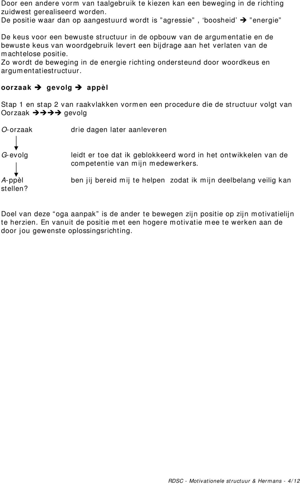 het verlaten van de machtelose positie. Zo wordt de beweging in de energie richting ondersteund door woordkeus en argumentatiestructuur.