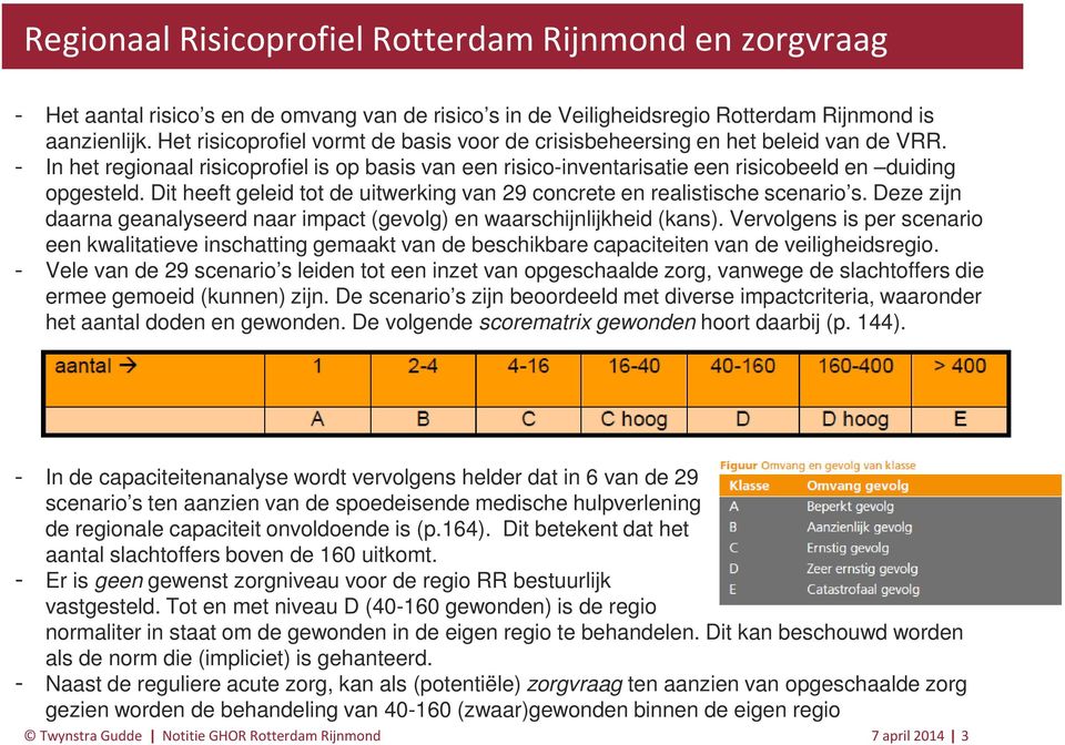 Dit heeft geleid tot de uitwerking van 29 concrete en realistische scenario s. Deze zijn daarna geanalyseerd naar impact (gevolg) en waarschijnlijkheid (kans).