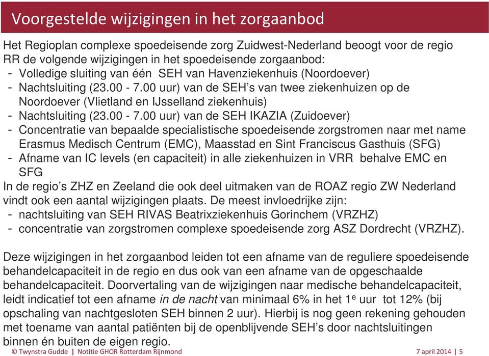 00 uur) van de SEH s van twee ziekenhuizen op de Noordoever (Vlietland en IJsselland ziekenhuis) Nachtsluiting (23.00-7.