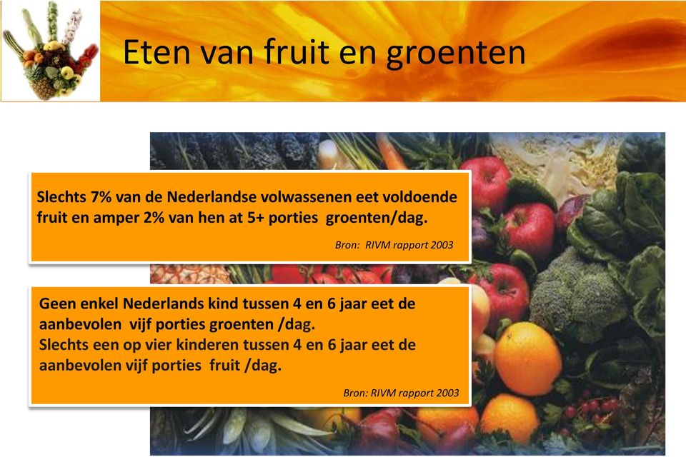 Bron: RIVM rapport 2003 Geen enkel Nederlands kind tussen 4 en 6 jaar eet de aanbevolen