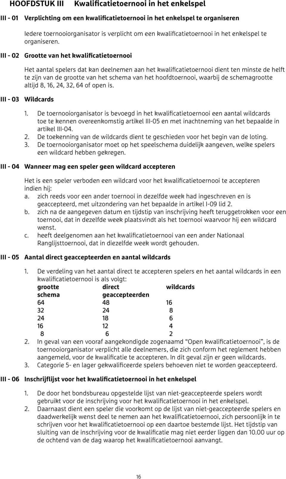 III - 02 Grootte van het kwalificatietoernooi Het aantal spelers dat kan deelnemen aan het kwalificatietoernooi dient ten minste de helft te zijn van de grootte van het schema van het hoofdtoernooi,