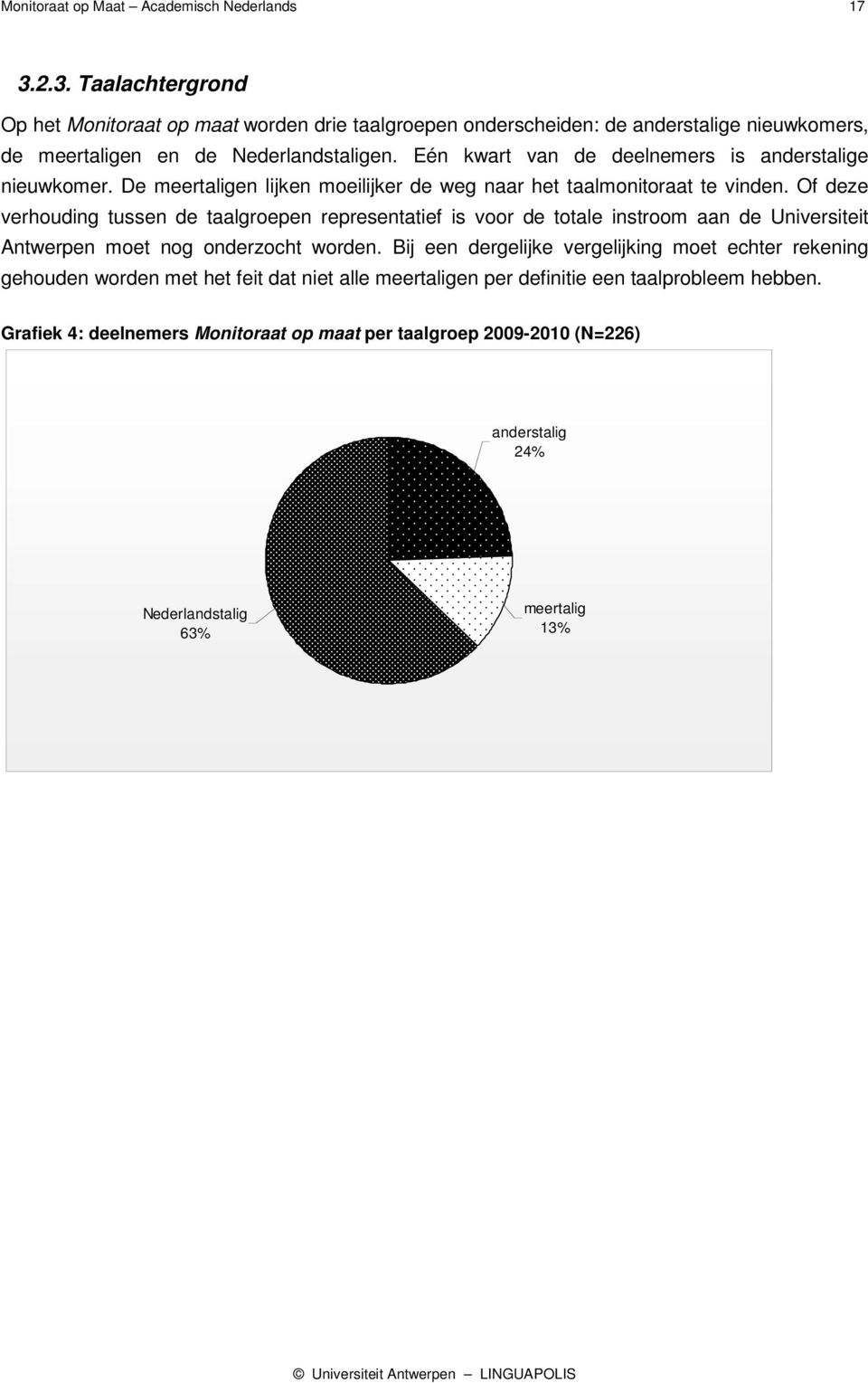 Eén kwart van de deelnemers is anderstalige nieuwkomer. De meertaligen lijken moeilijker de weg naar het taalmonitoraat te vinden.