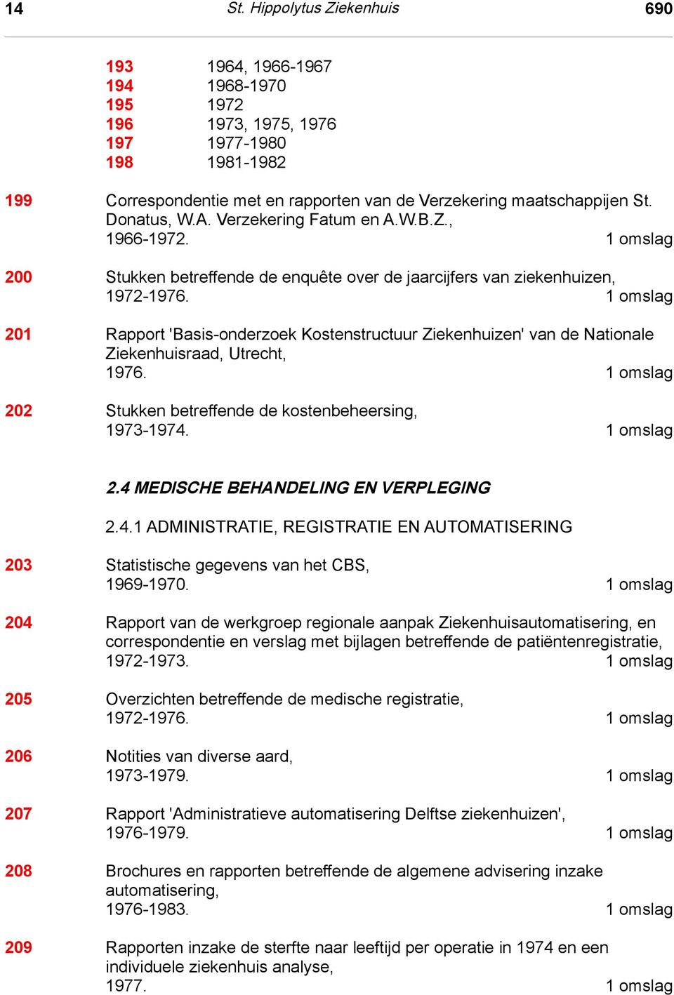 1 omslag 201 Rapport 'Basis-onderzoek Kostenstructuur Ziekenhuizen' van de Nationale Ziekenhuisraad, Utrecht, 1976. 1 omslag 202 Stukken betreffende de kostenbeheersing, 1973-1974. 1 omslag 2.4 Medische behandeling en verpleging 2.