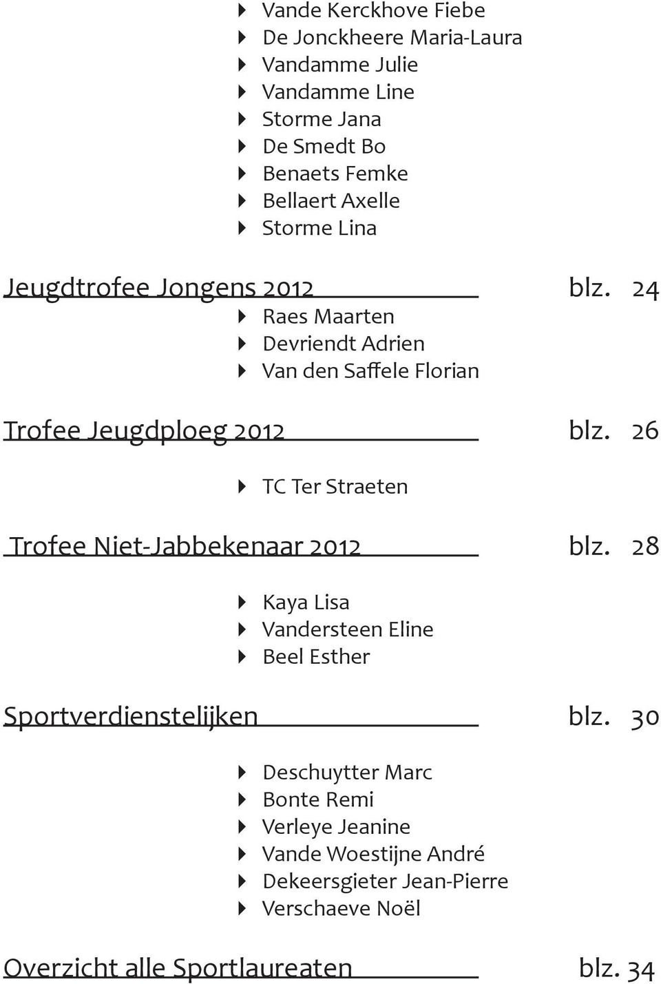 26 TC Ter Straeten Trofee Niet-Jabbekenaar 2012 blz. 28 Kaya Lisa Vandersteen Eline Beel Esther Sportverdienstelijken blz.