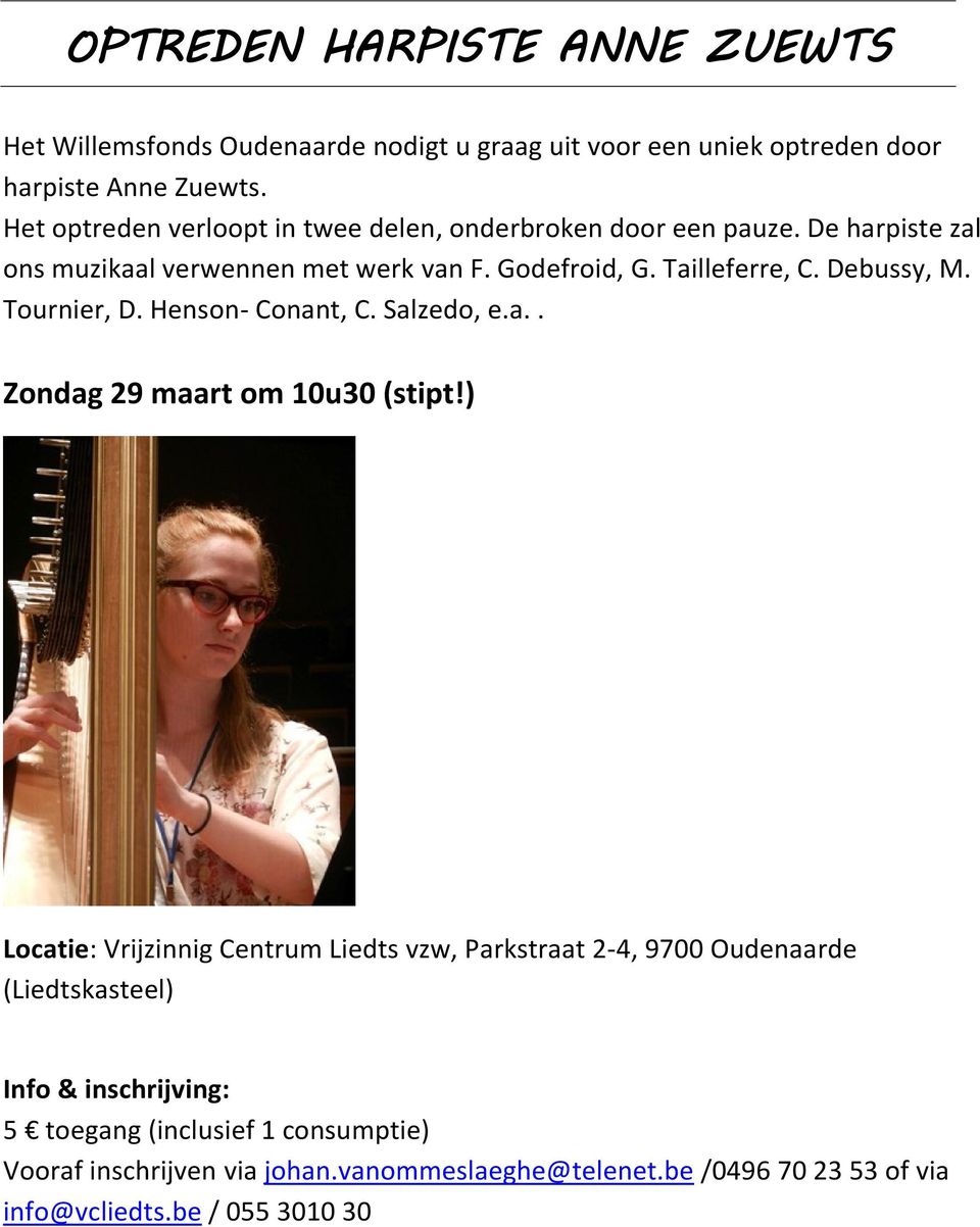 Debussy, M. Tournier, D. Henson- Conant, C. Salzedo, e.a.. Zondag 29 maart om 10u30 (stipt!