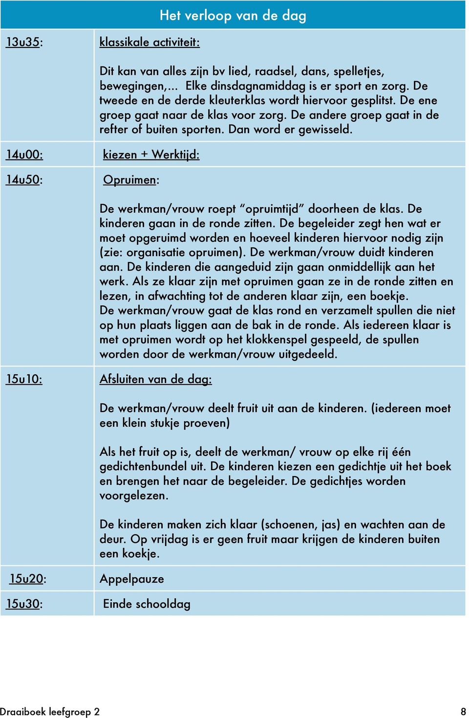 14u00: kiezen + Werktijd: 14u50: Opruimen: De werkman/vrouw roept opruimtijd doorheen de klas. De kinderen gaan in de ronde zitten.