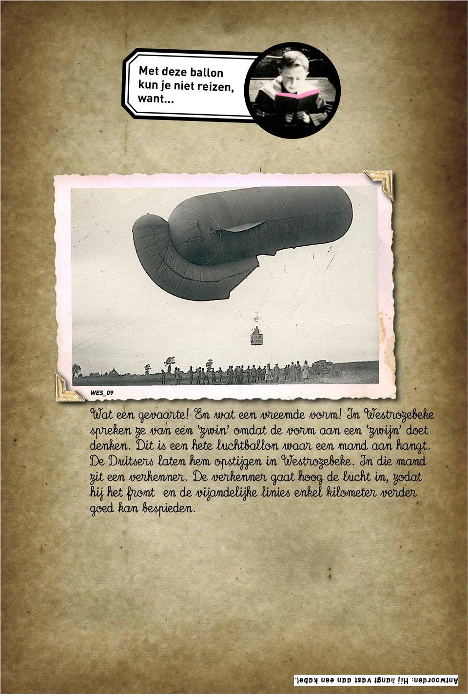 Dit is een hete luchtballon waar een mand aan hangt. De Duitsers laten hem opstijgen in Westrozebeke.
