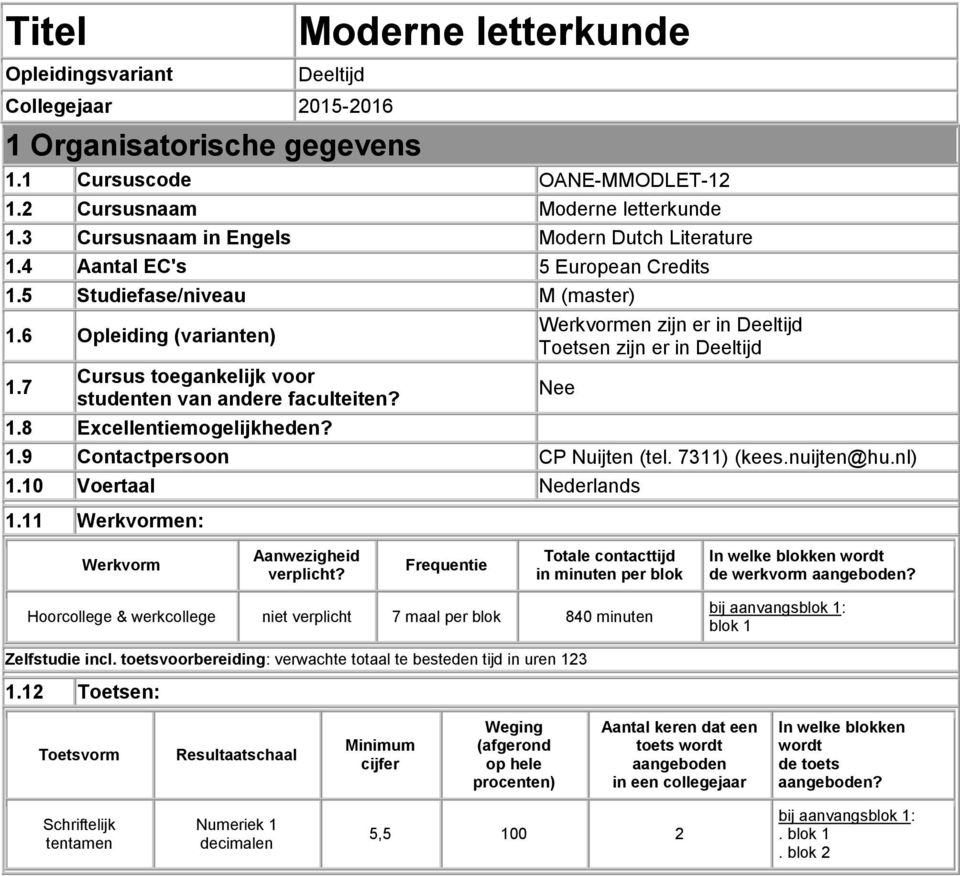 7 Cursus toegankelijk voor studenten van andere faculteiten? 1.8 Excellentiemogelijkheden? Werkvormen zijn er in Deeltijd Toetsen zijn er in Deeltijd 1.9 Contactpersoon CP Nuijten (tel. 7311) (kees.