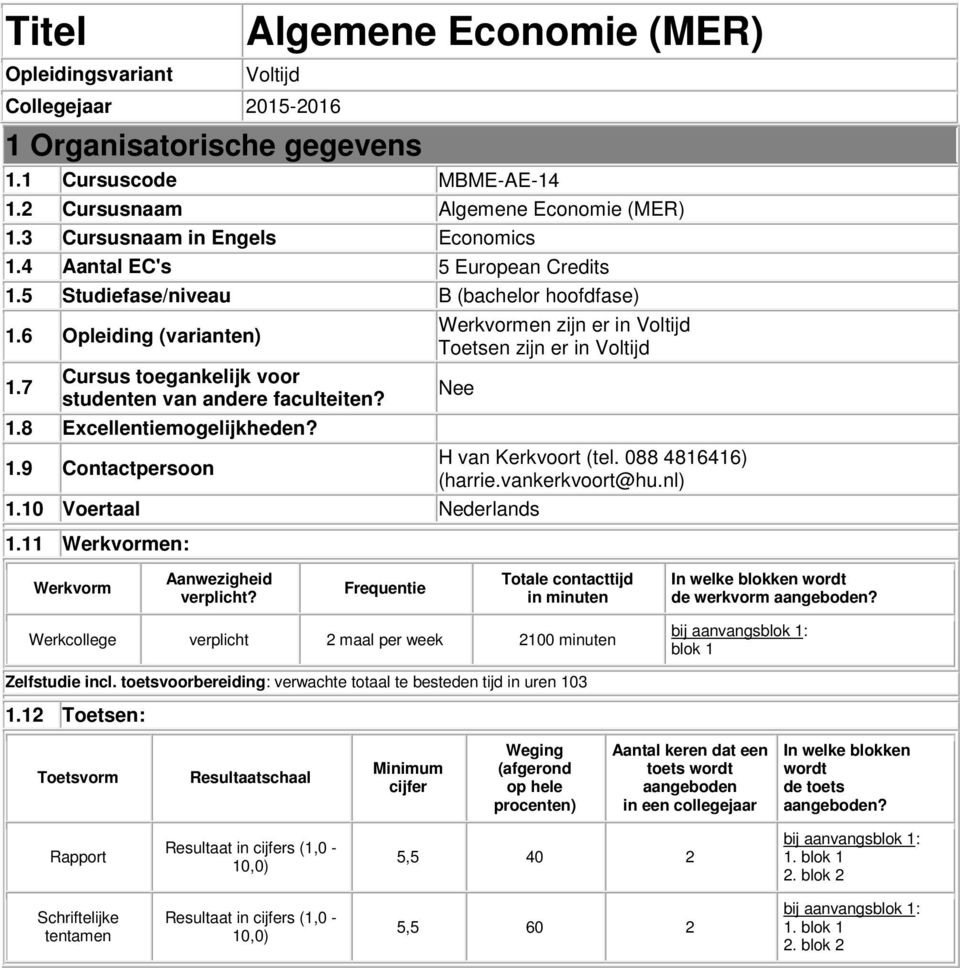 7 Cursus toegankelijk voor studenten van andere faculteiten? 1.8 Excellentiemogelijkheden? 1.9 Contactpersoon Werkvormen zijn er in Voltijd Toetsen zijn er in Voltijd Nee 1.10 Voertaal Nederlands 1.