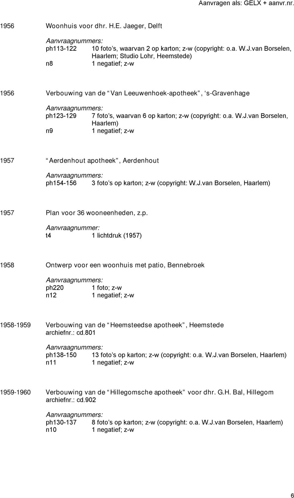 van Borselen, Haarlem; Studio Lohr, Heemstede) n8 1 negatief; z-w 1956 Verbouwing van de Van Leeuwenhoek-apotheek, s-gravenhage ph123-129 7 foto s, waarvan 6 op karton; z-w (copyright: o.a. W.J.