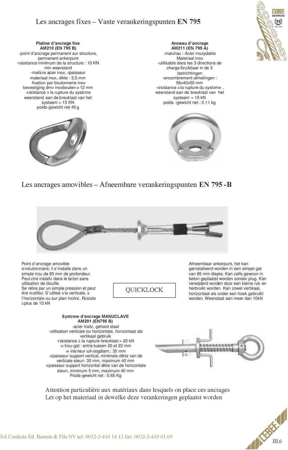 de breuklast van het systeem > 15 KN poids-gewicht net 45 g Anneau d ancrage AM211 (EN 795 A) -matériau : Acier inoxydable Materiaal inox -utilisable dans les 3 directions de charge/bruikbaar in de 3