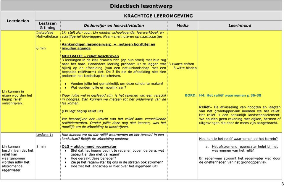 Aankondigen lesonderwerp + noteren bordtitel en invullen agenda Lln kunnen in eigen woorden het begrip reliëf omschrijven.