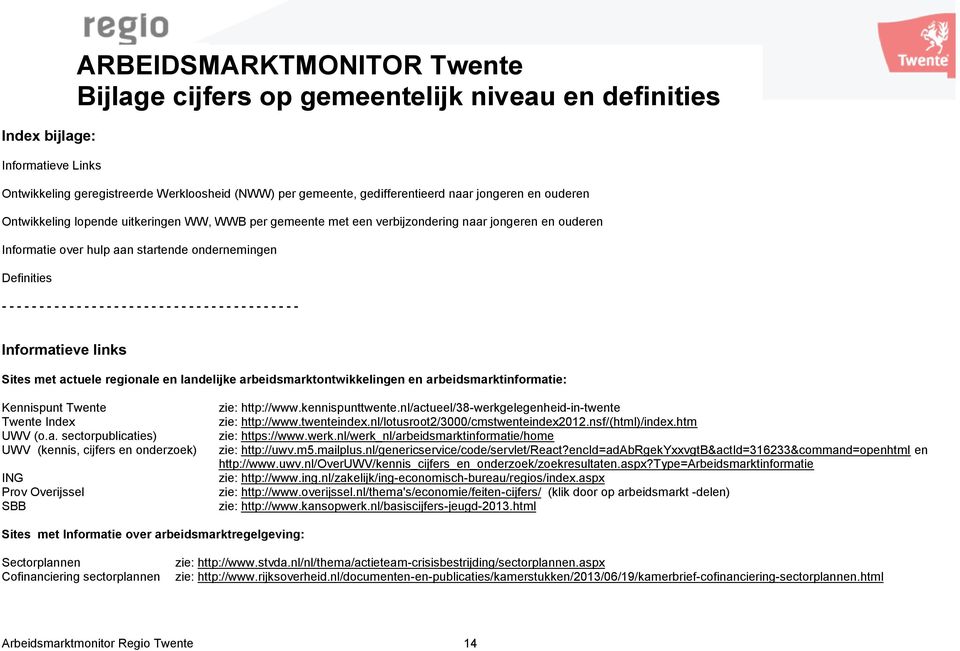 - - - - - - - - - - - - - - - - - - - - - - - - - - - - - - - Informatieve links Sites met actuele regionale en landelijke arbeidsmarktontwikkelingen en arbeidsmarktinformatie: Kennispunt Twente