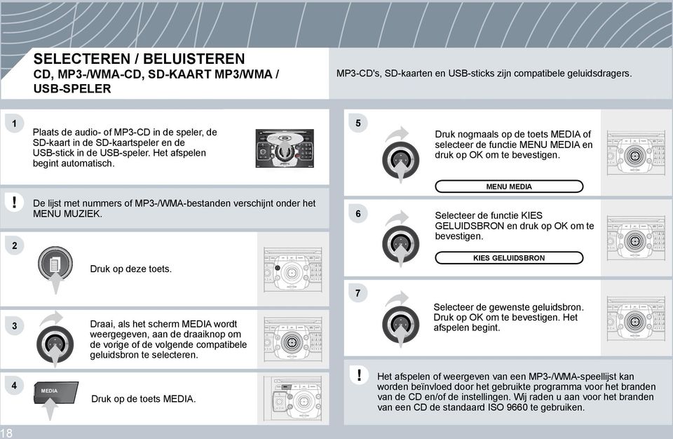 * Druk nogmaals op de toets MEDIA of selecteer de functie MENU MEDIA en druk op OK om te bevestigen. MENU MEDIA De lijst met nummers of MP-/WMA-bestanden verschijnt onder het MENU MUZIEK.