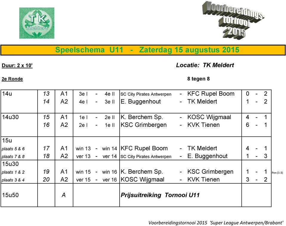 - KOSC Wijgmaal 4-1 16 A2 2e I - 1e II KSC Grimbergen - KVK Tienen 6-1 15u plaats 5 & 6 17 A1 win 13 - win 14 KFC Rupel Boom - TK Meldert 4-1 plaats 7 & 8 18 A2 ver