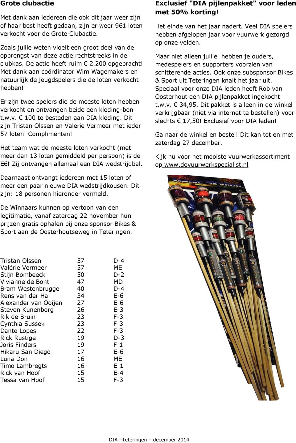 Met dank aan coördinator Wim Wagemakers en natuurlijk de jeugdspelers die de loten verkocht hebben! Er zijn twee spelers die de meeste loten hebben verkocht en ontvangen beide een kleding-bon t.w.v. 100 te besteden aan DIA kleding.