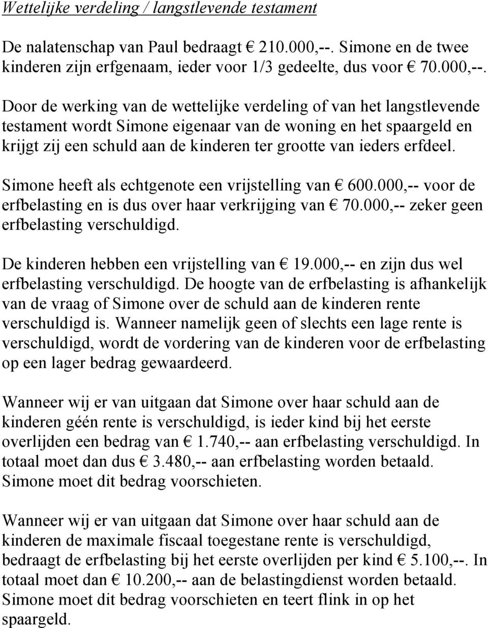 Door de werking van de wettelijke verdeling of van het langstlevende testament wordt Simone eigenaar van de woning en het spaargeld en krijgt zij een schuld aan de kinderen ter grootte van ieders