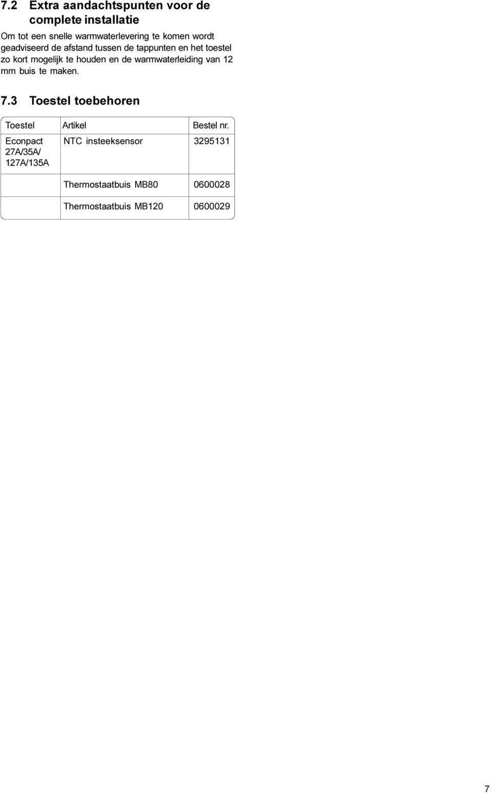 warmwaterleiding van 12 mm buis te maken. 7.3 Toestel toebehoren Toestel Artikel Bestel nr.