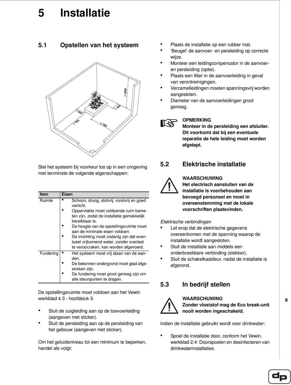 Diameter van de aanvoerleidingen groot genoeg. OPMERKING Monteer in de persleiding een afsluiter. Dit voorkomt dat bij een eventuele reparatie de hele leiding moet worden afgetapt.