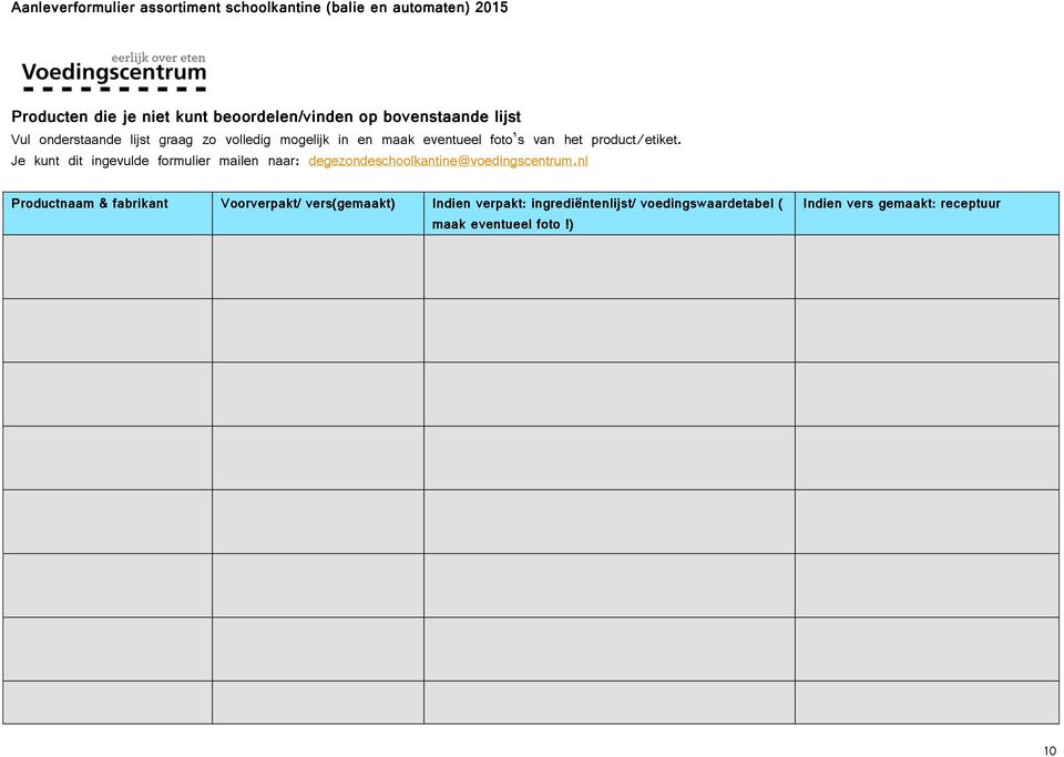 Je kunt dit ingevulde formulier mailen naar: degezondeschoolkantine@voedingscentrum.