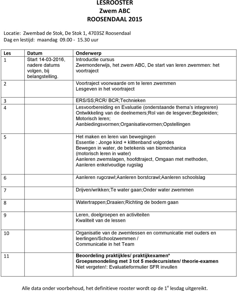 (onderstaande thema s integreren) 5 Het maken en leren van bewegingen 6 Aanleren rugcrawl;aanleren borstcrawl;aanleren schoolslag 7 Drijven/wrikken;Te